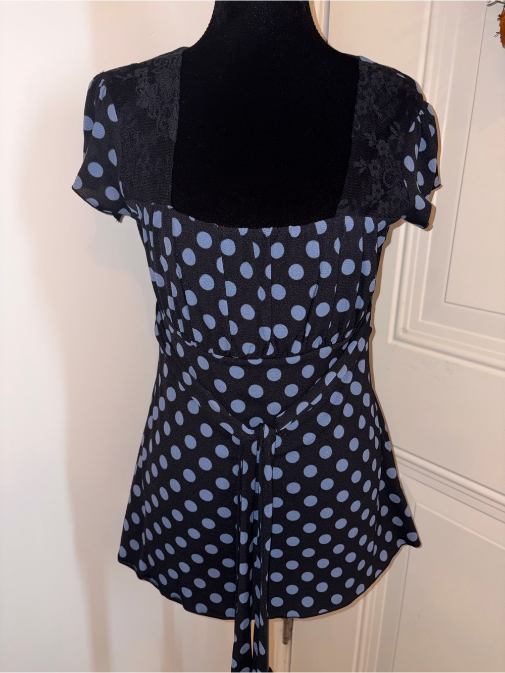 INC International Concepts Black Top with Light Blue Polka Dots and Square Neck